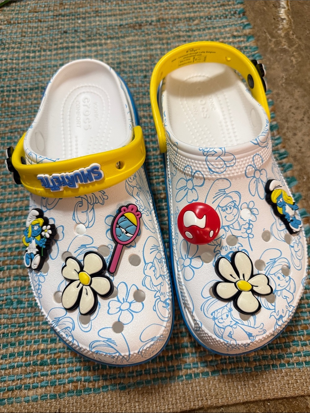CROCS Limited Edition Smurfette Womens White Clogs with Yellow Strap and Jibbitz
